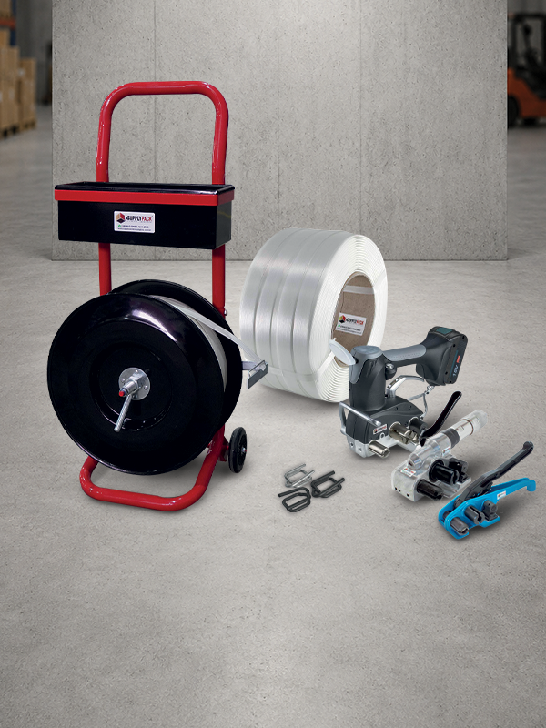 Kit Super Cinta — carrinho desbobinador, bobina, fivelas, arqueador e tensionador